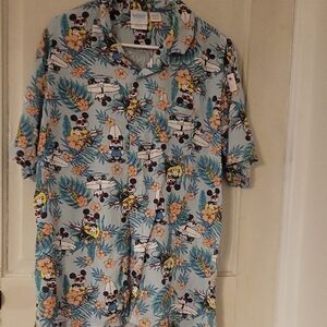 Disney Men's Blue and Orange Mickey Mouse Surfing Shirt Size Medium